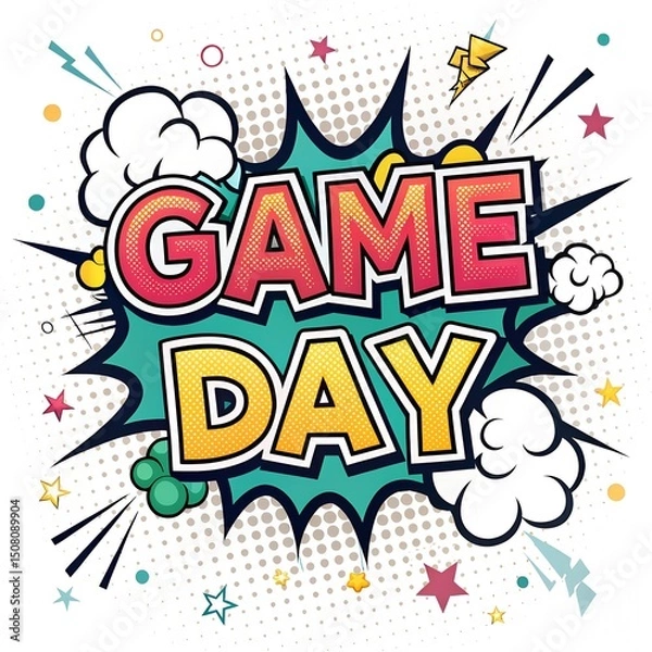 Obraz Game day lettering design, sports game day wording text, Pop art Vector illustration, abstract background, Colorful word graffiti with splash background