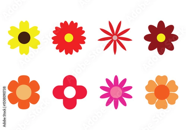 Fototapeta Chamomile collection. Daisy flower set collection. Collection of spring colorful flower elements vector. Summer chamomile flower for decor, sticker, clipart, print. Groovy daisy flower