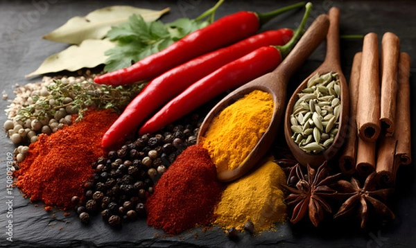 Fototapeta Chili peppers surrounded by spices such as turmeric, coriander, pepper and cinnamon, beautifully arranged on a dark background.
