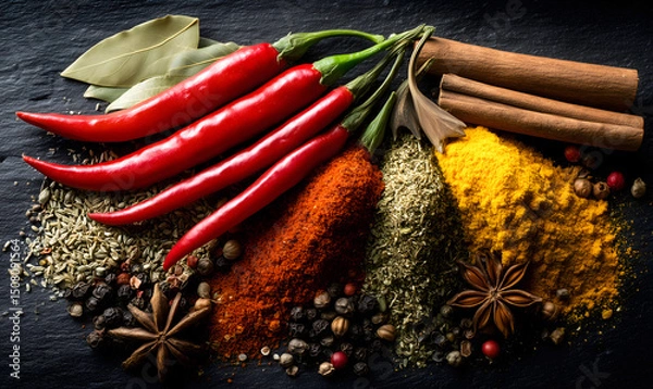 Obraz Chili peppers surrounded by spices such as turmeric, coriander, pepper and cinnamon, beautifully arranged on a dark background.