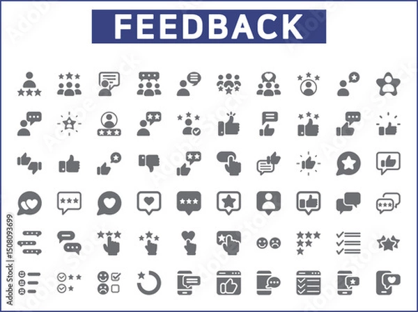 Fototapeta Review And feedback Icon Set. Vector collection of customer, rating, star rating, chat, testimonials, survey, support, communication, sign and element symbols or logo element.