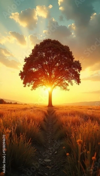 Fototapeta A lone, perfectly symmetrical tree stands in a vast, empty field, bathed in the golden light of sunset  The scene evokes a sense of peaceful isolation and untamed beauty ,  horizon,  remote