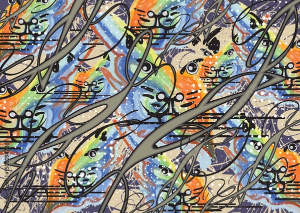 Fototapeta Colorful chaotic backdrop with cat heads and linear motifs for fabrics or covers. Bright animal motifs with dots for fashion trends, business concepts, cover, scrapbooking, interiors, tiles, prints