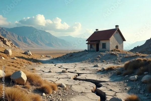 Fototapeta A lone house stands damaged amidst a cracked, desolate landscape after a devastating earthquake, symbolizing isolation and the aftermath of nature's fury , despair, landscape, rubble