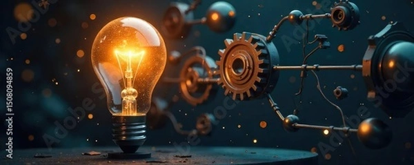 Fototapeta A lightbulb illuminates a complex network of gears, sparking a brilliant idea Innovation, creativity, and ingenuity are visually represented , cogs, power, wheels