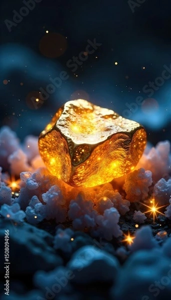 Fototapeta A glowing gold nugget rests on a bed of sparkling crystals, symbolizing the precious and rare nature of innovative ideas and their potential for great value ,  innovation,  achievement,  shine