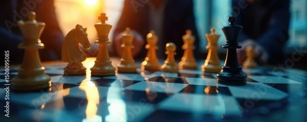 Fototapeta A fierce business chess game in progress, pieces strategically positioned on a sleek, modern board, reflecting ambition and calculated moves for ultimate victory , professional, calculated risk, win