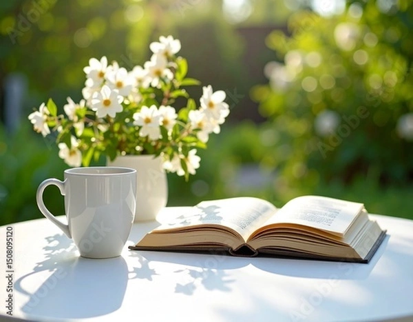 Obraz テーブルの上の本とコーヒー