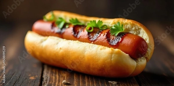 Fototapeta A delicious grilled hot dog, perfectly seared, resting on a toasted bun  Juicy, savory, and ready to eat  Classic American comfort food  , delicious, recipe