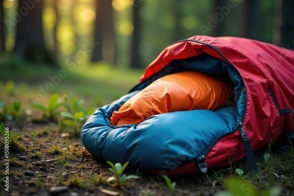 Fototapeta A cozy scene of a sleeping bag neatly tucked inside a backpack, ready for an outdoor adventure  Perfect for camping, hiking, or backpacking imagery ,  journey,  wildlife