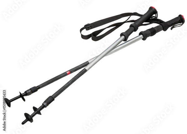 Fototapeta Trekking poles pair, collapsed and strapped isolated on transparent background.