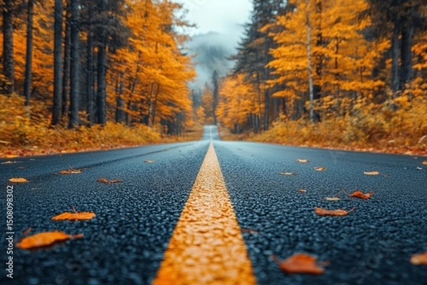Fototapeta Autumn road through forest, misty mountains