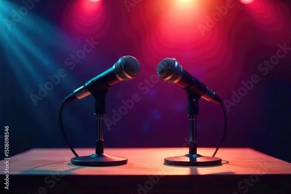 Fototapeta Two microphones stand side-by-side on a podium, ready for a collaborative presentation or engaging discussion Ideal for concepts of teamwork, collaboration, and joint ventures , innovation, corporate