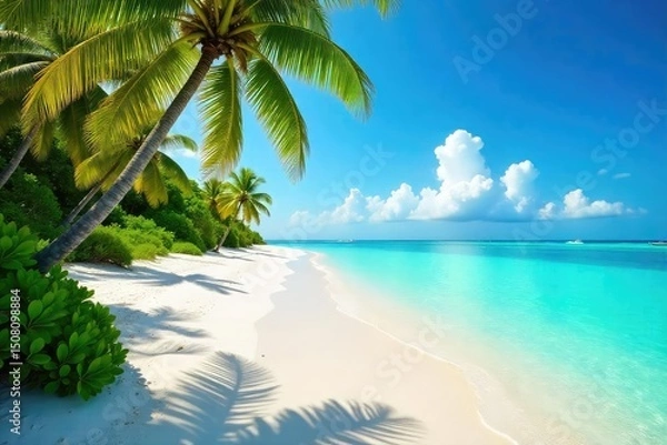 Fototapeta Sun-drenched Maldivian beach scene, turquoise water laps gently at white sand, vibrant tropical vegetation, summer holiday paradise , clear, tropical