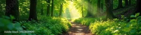 Fototapeta Sun-dappled forest path winds through lush green canopy, sunlight filtering through leaves, creating a magical atmosphere  Tranquil scene evokes peace and serenity ,  explore,  serene