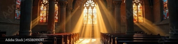 Fototapeta Sunbeams stream through stained-glass windows illuminating dust motes in a serene, ancient church, creating a spiritual atmosphere of peace and reverence ,  shadow,  stained glass