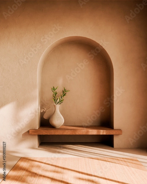 Fototapeta Aesthetic home decor with olive branch in vase on wood table and plaster wall, window sunlight shadow. Interior decoration in neutral boho style using natural material. Home design background.