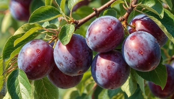 Obraz Ripe plums on a tree branch with droplets of water in a sunny garden