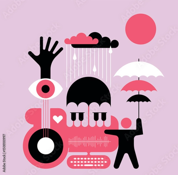 Obraz Flat style colorful vector illustration with musical and weather elements. Includes stylized guitar, piano keys, raindrops, clouds, eye shape and person holding umbrella. 