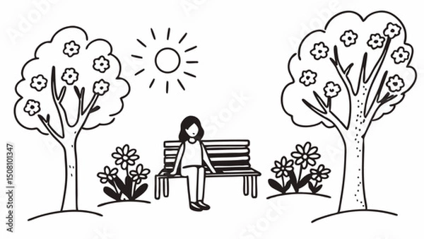 Fototapeta A woman sitting on a bench in a park with trees flowers and the sun shining in a black and white drawing created with generated ai