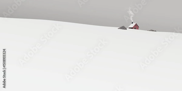 Obraz Minimalist snowscape with lonely country house on the hill covered by white snow have dusk sky background graphic illustration.