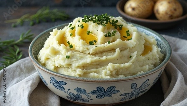 Fototapeta A bowl of mashed potatoes with chives and butter on top sitting on a white cloth with potatoes behind