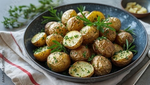 Fototapeta A bowl of roasted potatoes with herbs on a table with a linen cloth and a bowl of butter cubes
