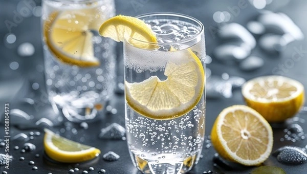 Fototapeta Two glasses of sparkling water with lemon slices and water droplets on a dark surface close up view