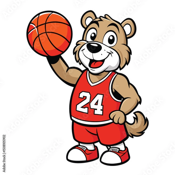 Fototapeta Playful bear mascot wearing red basketball uniform number twentyfour holds an orange basketball