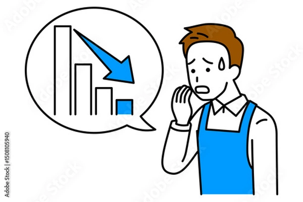 Fototapeta 下降するグラフと動揺しているエプロン姿の男性