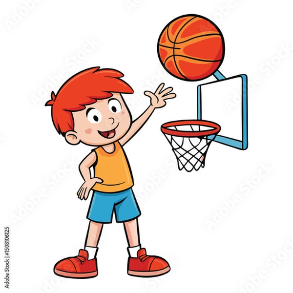Fototapeta Playful cartoon boy happily prepares to shoot an orange basketball into the hoop