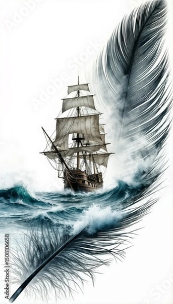 Obraz Artistic ship sailing through waves with a large feather in the foreground