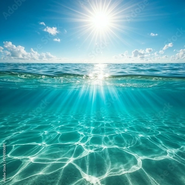 Obraz Crystal clear ocean water with sunlight rays and a bright blue sky