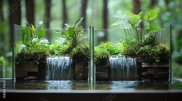 Fototapeta Terrarium featuring aquatic plants and tiny waterfalls, serene and lush