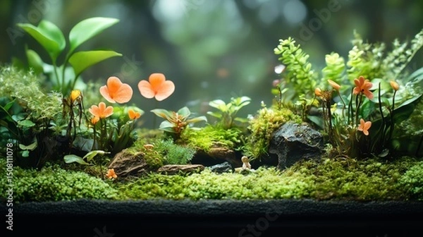 Fototapeta Terrarium with aquatic plants, moss, and tiny figurines, whimsical and lush