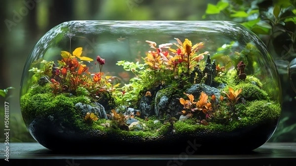 Fototapeta Terrarium with aquatic plants, moss, and tiny figurines, whimsical and lush