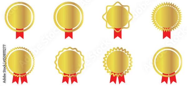 Obraz  Vintage labels. Badge check icon. Verify icon stamp. Star shape. Gold, silver and bronze medals with ribbon set vector illustration. Realistic isolated trophy and medal collection