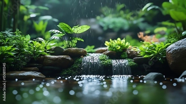 Fototapeta Terrarium with aquatic plants and a small stream, peaceful and lush