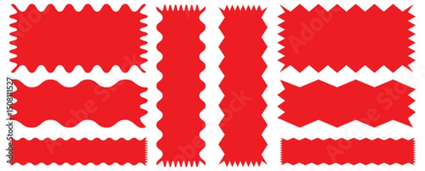 Obraz Frames Scalloped Vector Corrugated Bento Grid Shapes Set. Scallop Frame Wavy Retro Stickers Collection. Red silhouette scalloped frames. Geometric shapes stickers with zigzag wavy edge