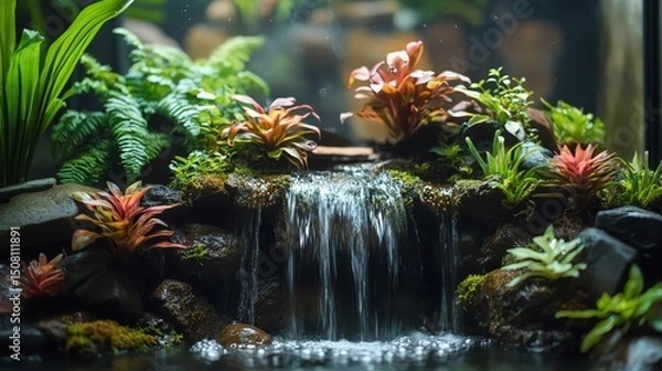 Fototapeta Terrarium with exotic aquatic plants and a miniature waterfall, tranquil and lush