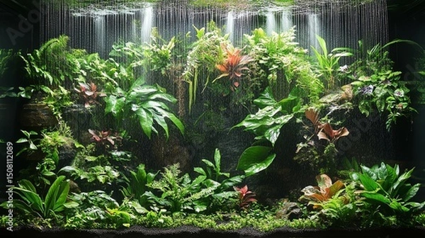 Fototapeta Terrarium with tropical aquatic plants and a misting system, lush and green