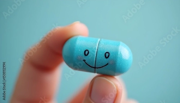 Obraz A hand holds a blue pill with a smiley face, symbolizing happiness and vitality.