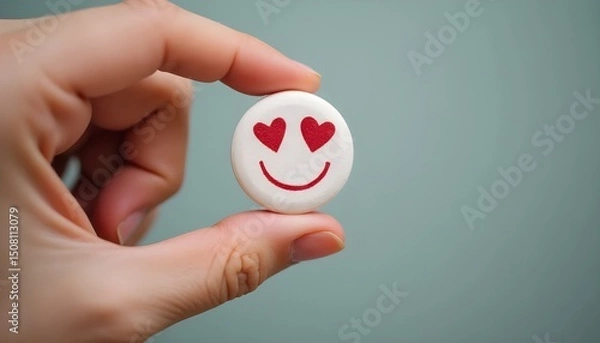 Obraz Hand holding a pill with a smiley face and heart eyes, symbolizing love and vitality.
