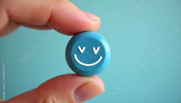 Obraz A hand holds a blue pill with a smiley face, symbolizing happiness and vitality.