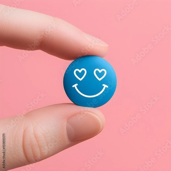 Obraz Blue pill with a smiley face and heart eyes, symbolizing love and vitality.