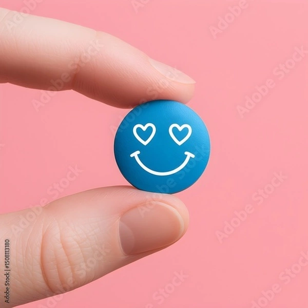 Obraz A hand holds a blue pill with a smiling face, symbolizing happiness and vitality.