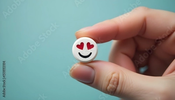Obraz Hand holding a pill with a smiley face, symbolizing love and vitality.