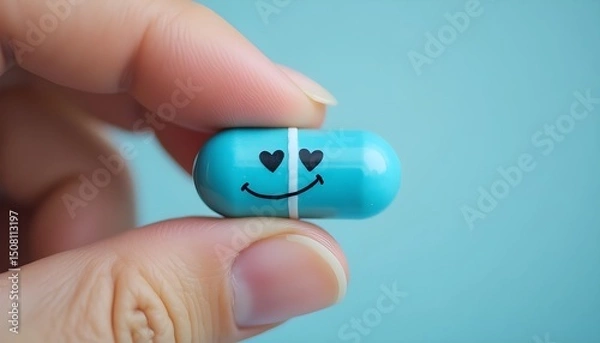 Obraz A hand holds a blue pill with a smiley face, symbolizing happiness and vitality.