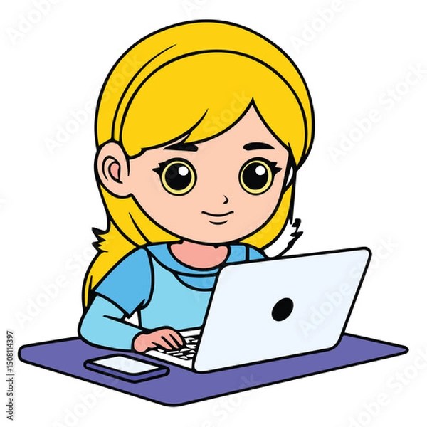 Obraz Young girl in blue shirt working on a laptop at a desk. Smiling girl working with laptop computer at home.