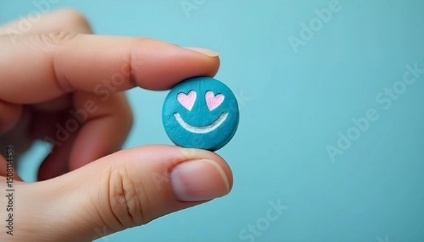 Obraz Hand holding a blue pill with a smiling face, symbolizing happiness and vitality.